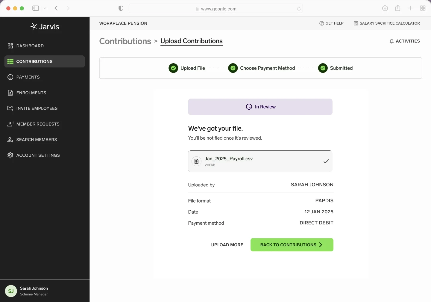 Jarvis employer dashboard: 2 payments need your approval, April contributions due in 12 days