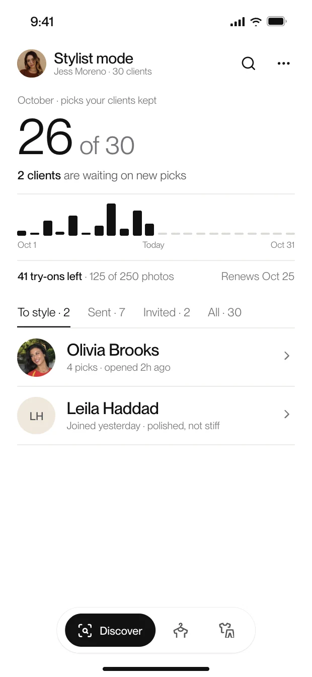 Evera stylist mode: a stylist’s client list on one phone